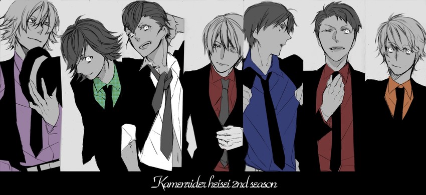 hidari shoutarou, hino eiji, souma haruto, kisaragi gentarou, kazuraba kouta, and 2 more (kamen rider and 7 more) drawn by tougou_kazuki