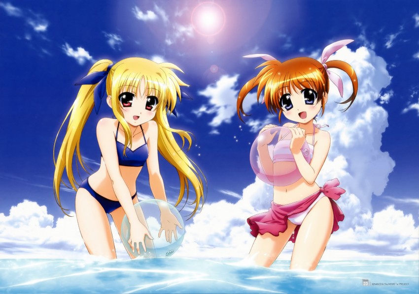 fate testarossa and takamachi nanoha (lyrical nanoha and 2 more) drawn by okuda_yasuhiro