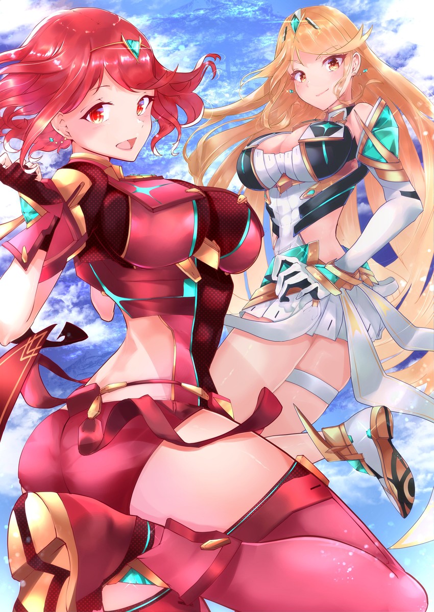pyra and mythra (xenoblade chronicles and 1 more) drawn by risumi_(taka-fallcherryblossom)