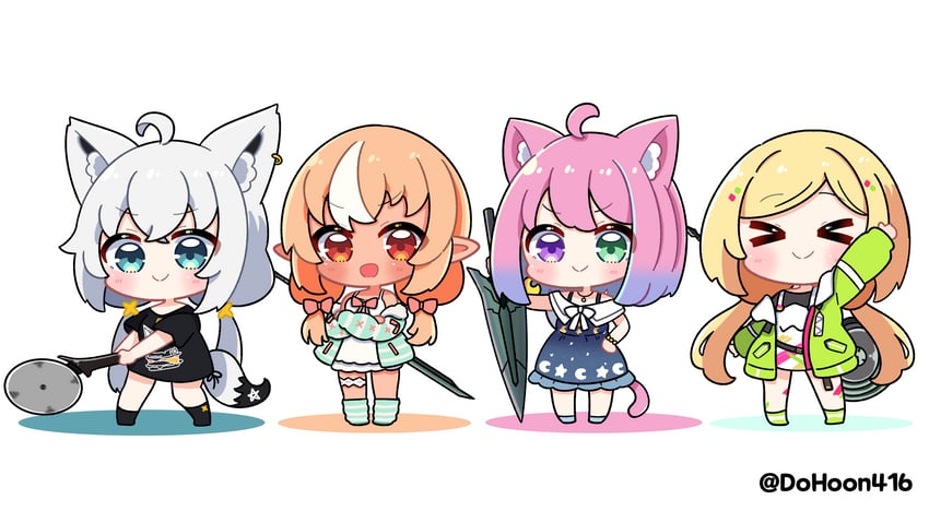 shirakami fubuki, shiranui flare, himemori luna, and aki rosenthal (hololive) drawn by dohoon