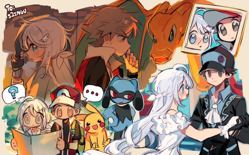 pikachu, red, charizard, and riolu (original and 2 more) drawn by ki2ri5