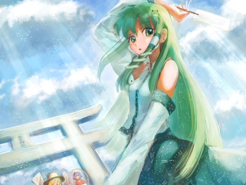 kochiya sanae, moriya suwako, yasaka kanako, and pyonta (touhou) drawn by rin_(rin7kan7)