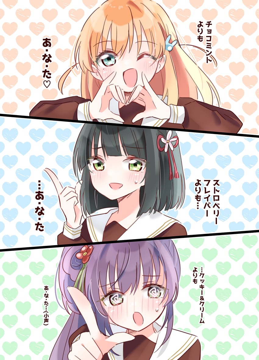 hinoshita kaho, otomune kozue, and momose ginko (love live! and 1 more) drawn by ririn_(ririn_501)