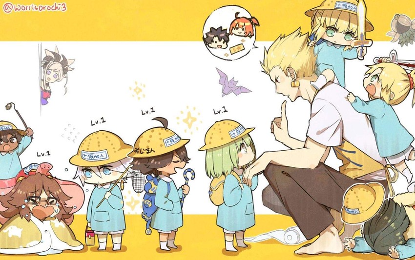 artoria pendragon, fujimaru ritsuka, gilgamesh, mordred, miyamoto musashi, and 8 more (fate and 1 more) drawn by worrisorochi