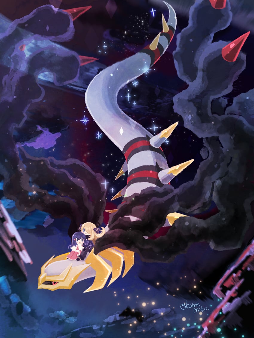 dawn, cynthia, and giratina (pokemon and 2 more) drawn by okame_miko