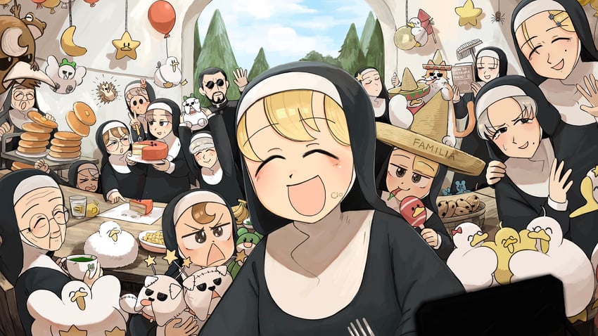 clumsy nun, froggy nun, spicy nun, strict nun, sheep nun, and 10 more (little nuns) drawn by diva_(hyxpk)