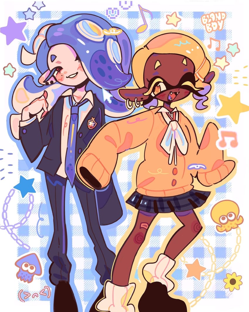 inkling player character, inkling girl, octoling player character, octoling girl, shiver, and 1 more (splatoon and 1 more) drawn by blandboyx