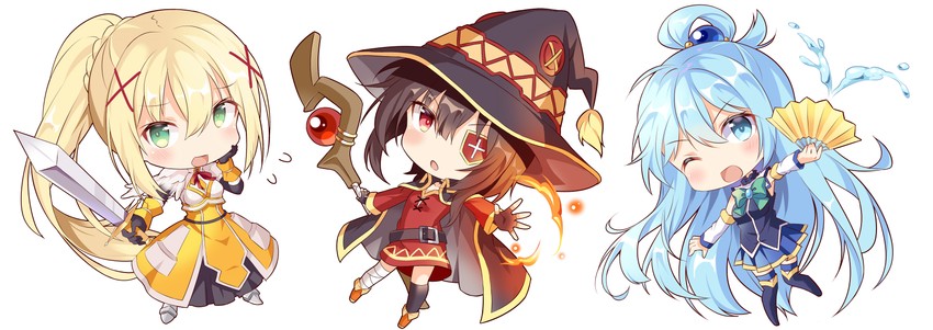 megumin, aqua, and darkness (kono subarashii sekai ni shukufuku wo!) drawn by sirokuma_shake