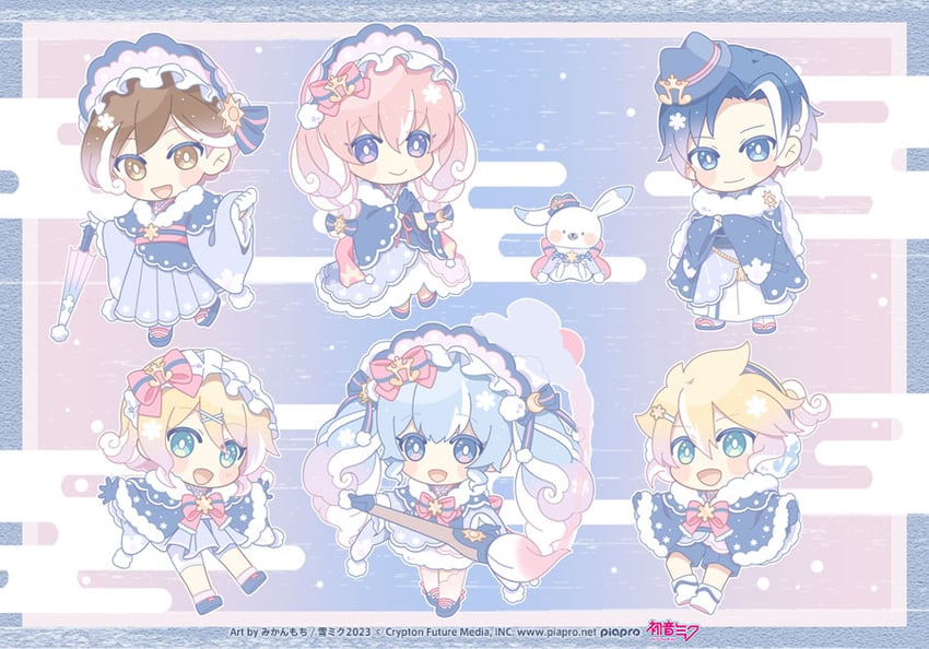 hatsune miku, kagamine rin, kagamine len, megurine luka, kaito, and 7 more (vocaloid) drawn by mikanmochi