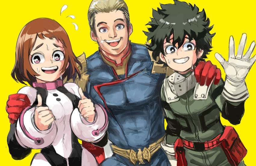 midoriya izuku, uraraka ochaco, and homelander (boku no hero academia and 1 more) drawn by anchet7