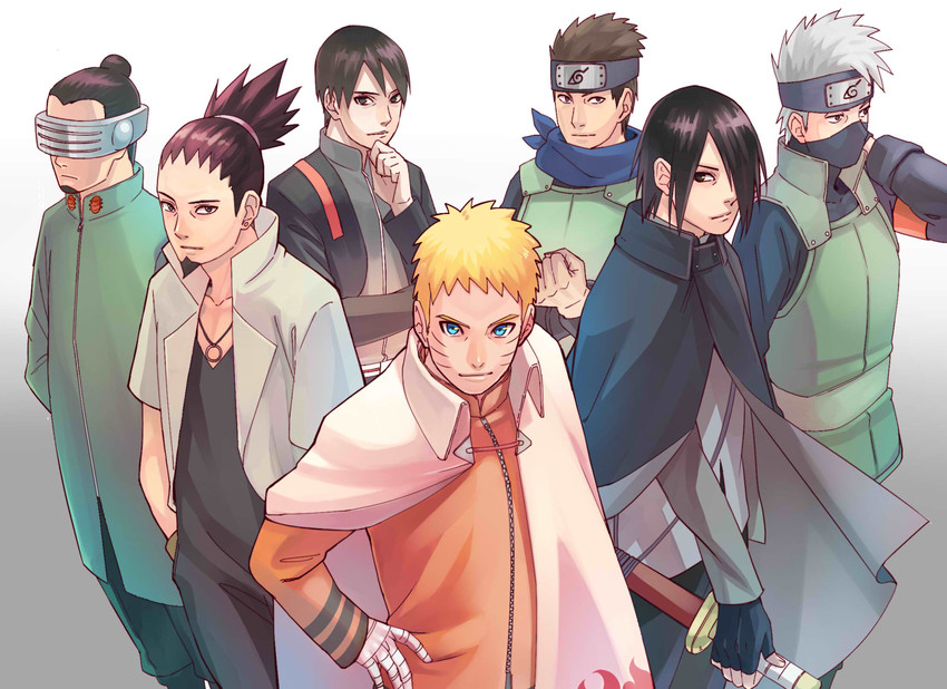 uzumaki naruto, uchiha sasuke, hatake kakashi, nara shikamaru, sai, and 2 more (naruto and 1 more) drawn by curamubuono