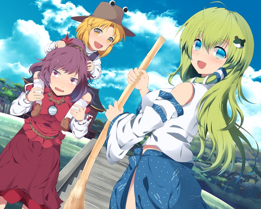 kochiya sanae, moriya suwako, and yasaka kanako (touhou) drawn by mizukami_ryouma
