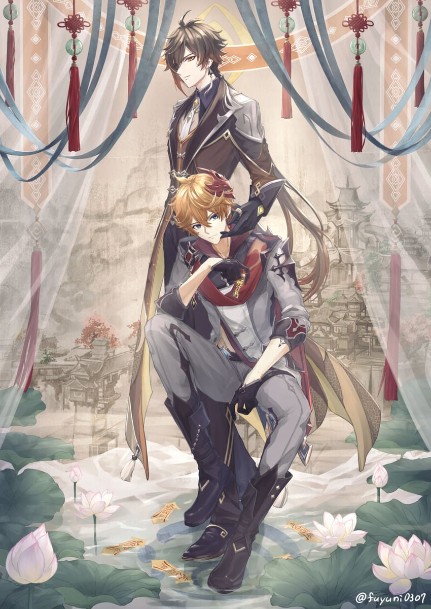 zhongli and tartaglia (genshin impact) drawn by fuyuni0307