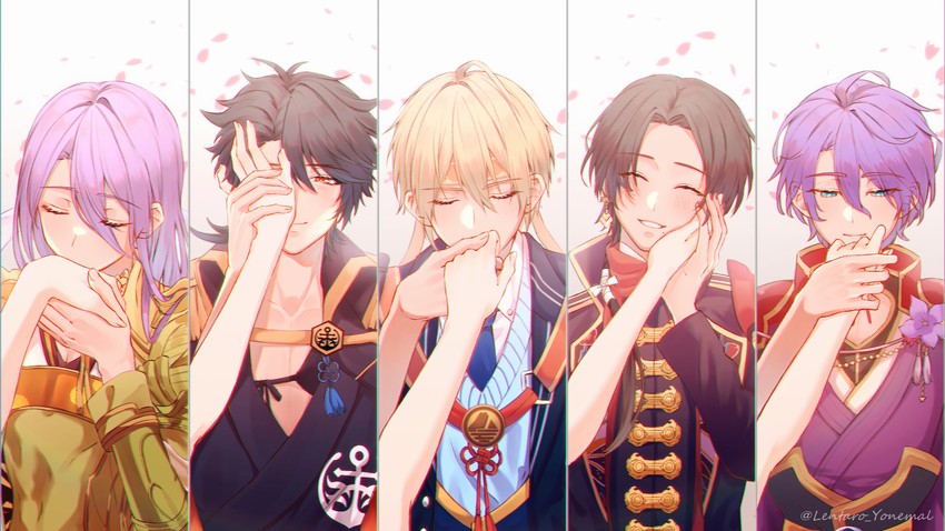 kashuu kiyomitsu, saniwa, yamanbagiri kunihiro, mutsu-no-kami yoshiyuki, kasen kanesada, and 1 more (touken ranbu) drawn by yonemaru