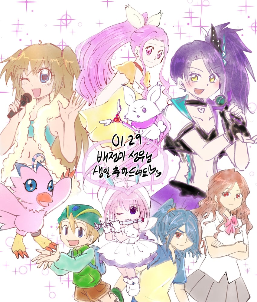 kazemaru ichirouta, takaishi takeru, toudou shion, piyomon, yolang, and 1 more (digimon and 5 more) drawn by yanusunya