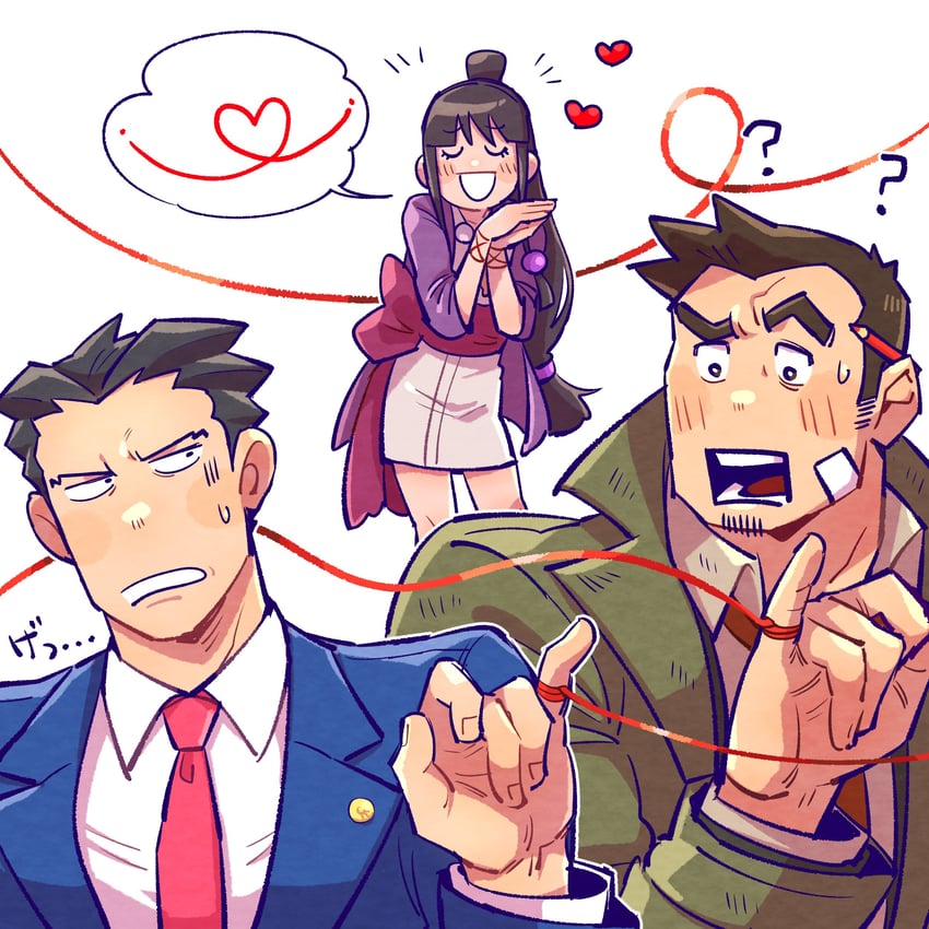 phoenix wright, maya fey, and dick gumshoe (ace attorney) drawn by yowasabimechaoc