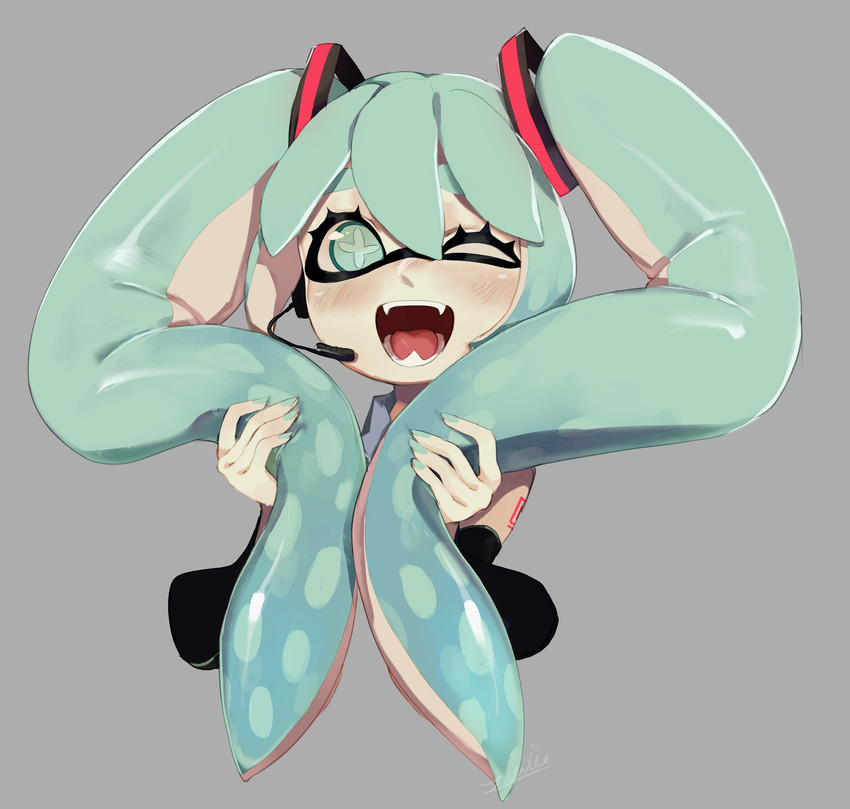 hatsune miku and inkling player character (vocaloid and 1 more) drawn by zambiie