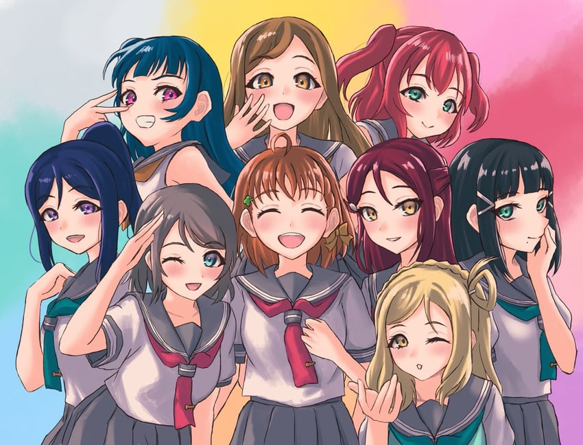 watanabe you, tsushima yoshiko, sakurauchi riko, takami chika, matsuura kanan, and 4 more (love live! and 1 more) drawn by ponyou1030