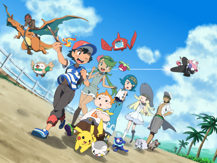 pikachu, lillie, ash ketchum, rotom, rowlet, and 17 more (pokemon and 1 more) drawn by ameiro_pk