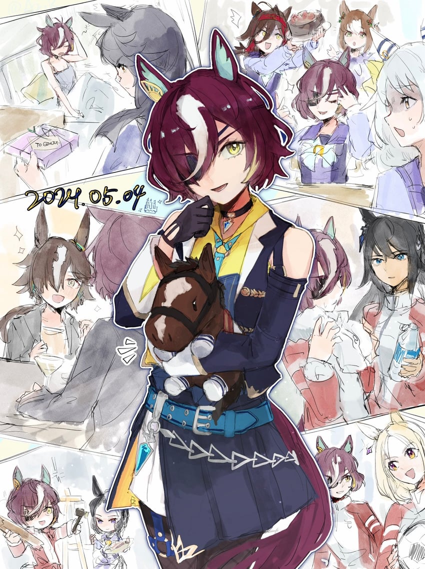 vodka, narita brian, fine motion, narita top road, hishi miracle, and 4 more (umamusume) drawn by az_(azkin_g)