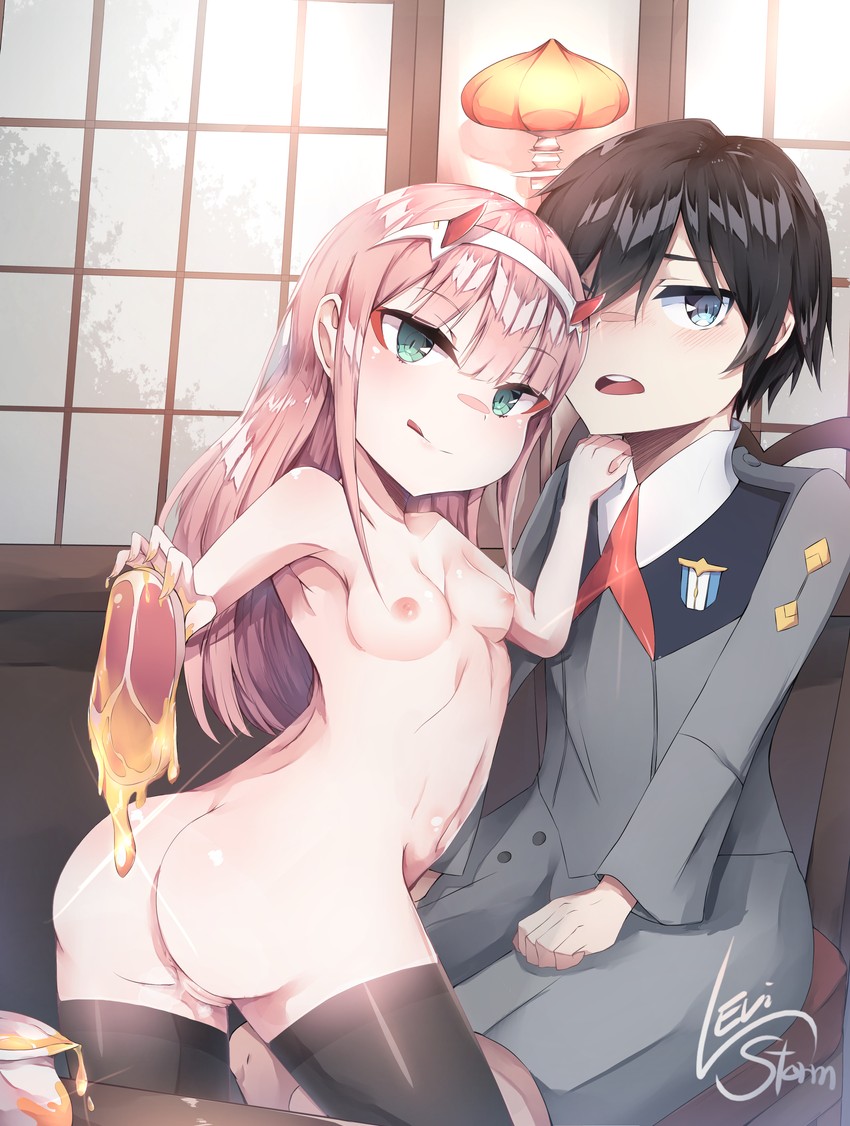 zero two and hiro (darling in the franxx) drawn by levi_storm