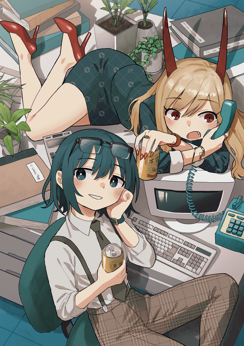 shida naori and ibuki hinata (alcohol and ogre-girls) drawn by zinbei