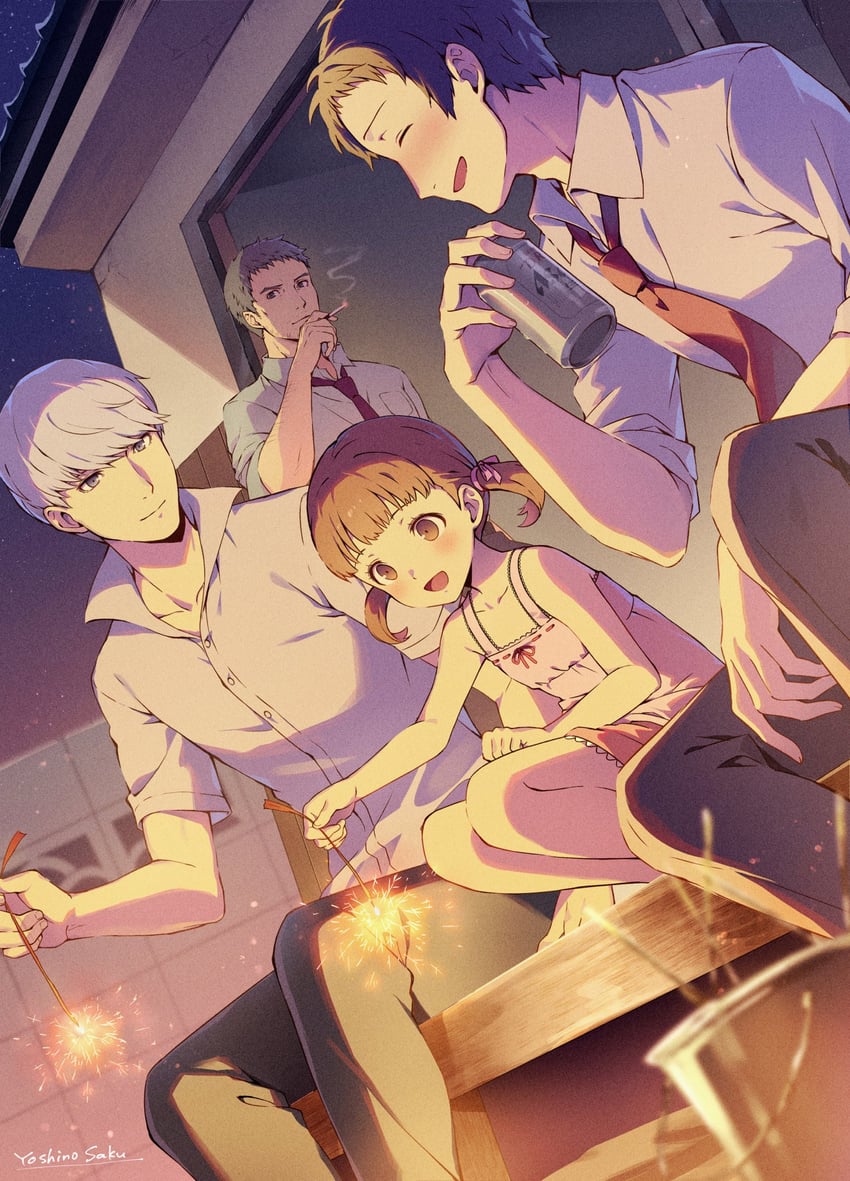 narukami yu, doujima nanako, adachi tooru, and doujima ryoutarou (persona and 1 more) drawn by yoshino_saku