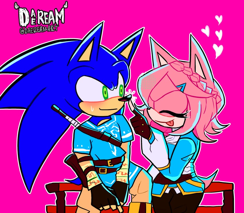 link, princess zelda, sonic the hedgehog, and amy rose (the legend of zelda and 2 more) drawn by daeream