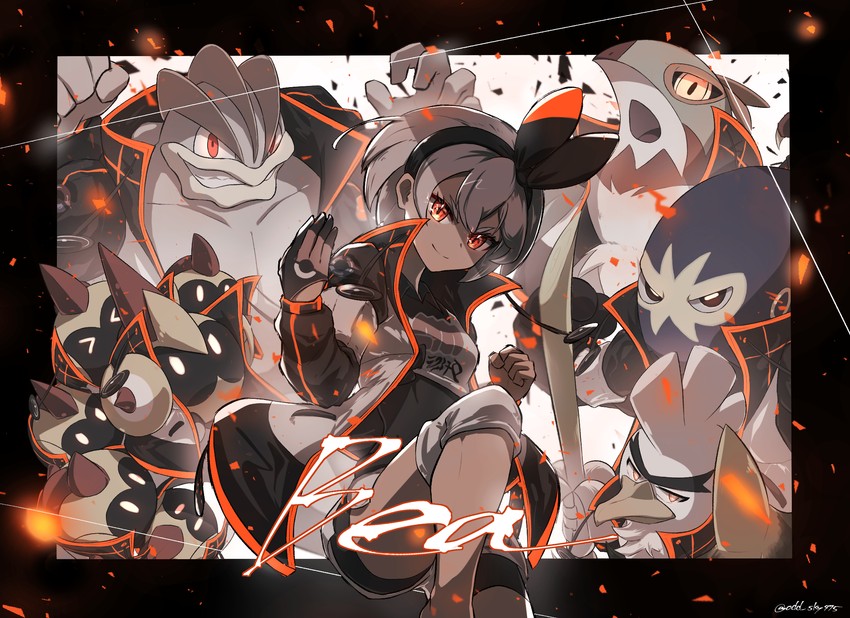 bea, machamp, sirfetch'd, falinks, hawlucha, and 1 more (pokemon and 1 more) drawn by odd_(hin_yari)