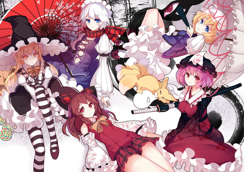 hakurei reimu, kirisame marisa, izayoi sakuya, konpaku youmu, yakumo yukari, and 2 more (touhou) drawn by rain_lan