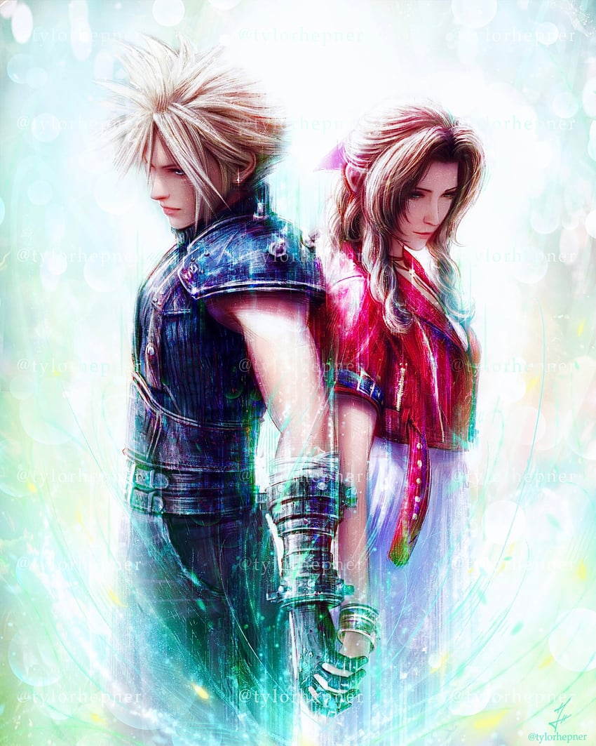 cloud strife and aerith gainsborough (final fantasy and 3 more) drawn by tylor_hepner
