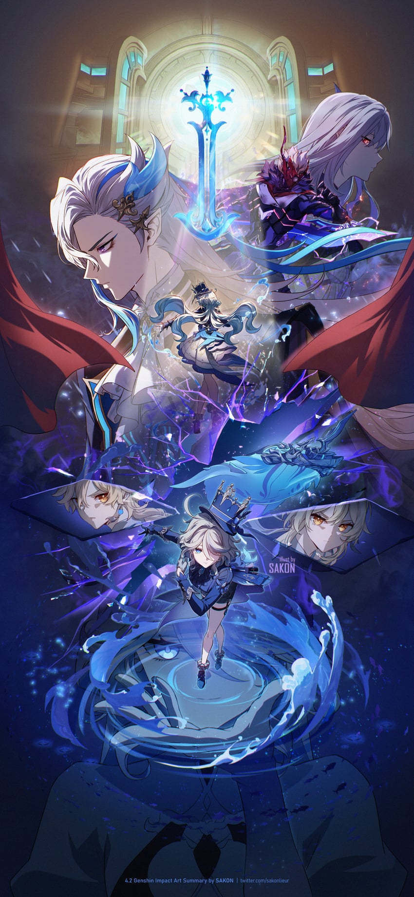 lumine, aether, furina, neuvillette, skirk, and 3 more (genshin impact) drawn by sakon04