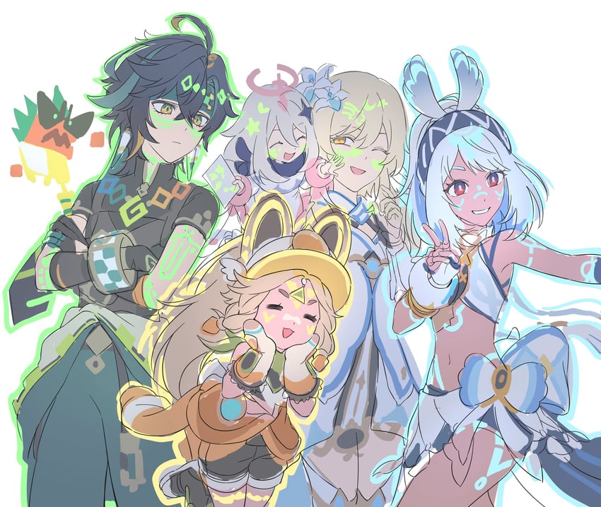 lumine, paimon, mualani, kinich, kachina, and 1 more (genshin impact) drawn by angduuuu_(ghost)