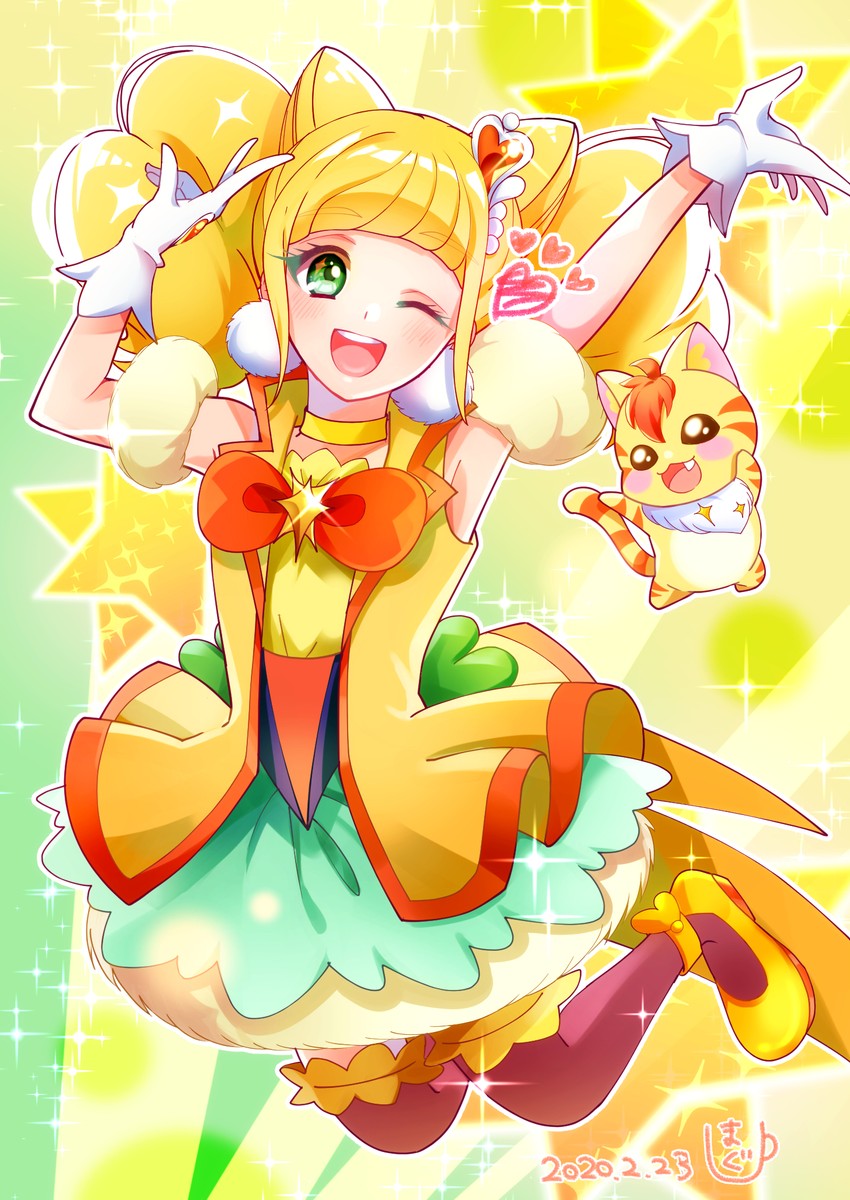 hiramitsu hinata, cure sparkle, and nyatoran (precure and 1 more) drawn by magu_(magupan)
