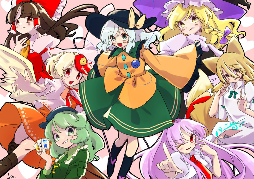 hakurei reimu, kirisame marisa, komeiji koishi, reisen udongein inaba, kudamaki tsukasa, and 2 more (touhou) drawn by komori_(komo_ricecake)