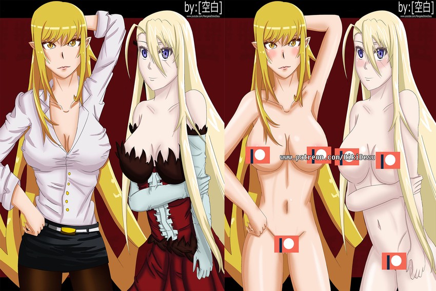 oshino shinobu, kiss-shot acerola-orion heart-under-blade, and evangeline a.k. mcdowell (monogatari and 2 more) drawn by hiki