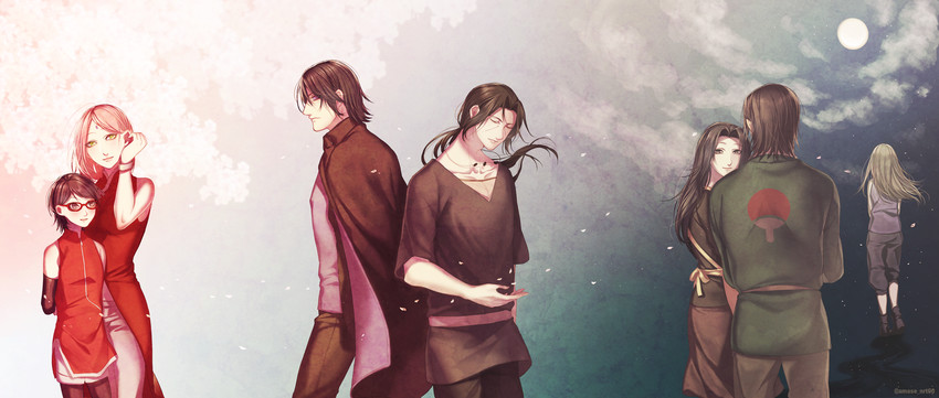 haruno sakura, uchiha sasuke, uchiha sarada, uchiha itachi, uchiha mikoto, and 2 more (naruto) drawn by amase_(siki696)