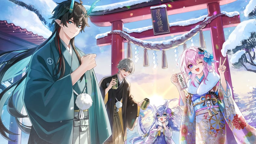 trailblazer, march 7th, caelus, dan heng, pom-pom, and 1 more (honkai and 1 more) drawn by amaichi_esora