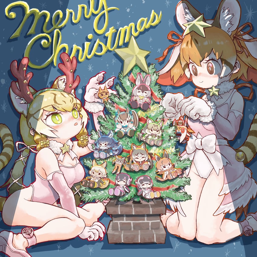 island fox, humboldt penguin, caracal, brown long-eared bat, coyote, and 6 more (kemono friends and 1 more) drawn by bara_bara_(pop_pop)