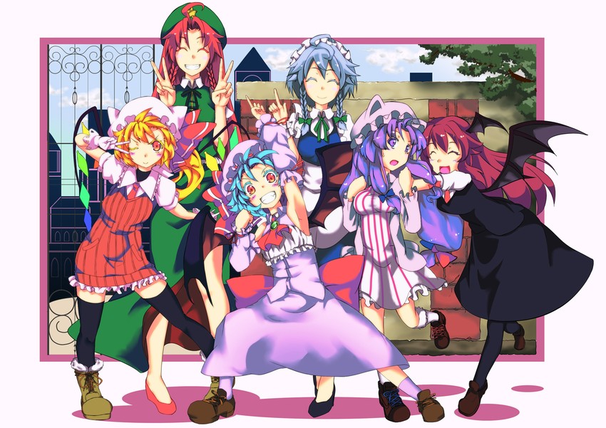 remilia scarlet, flandre scarlet, izayoi sakuya, patchouli knowledge, hong meiling, and 1 more (touhou) drawn by chorin