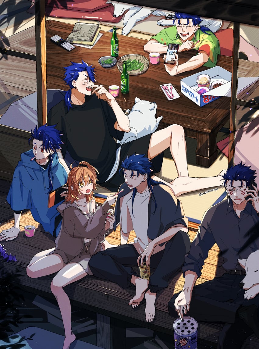 fujimaru ritsuka, cu chulainn alter, setanta, cu chulainn, and freki and geri (fate and 1 more) drawn by kajijii