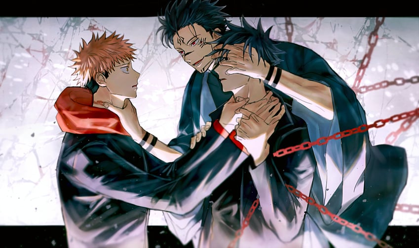 itadori yuuji, fushiguro megumi, and ryoumen sukuna (jujutsu kaisen) drawn by yoon_(dmsco1803)