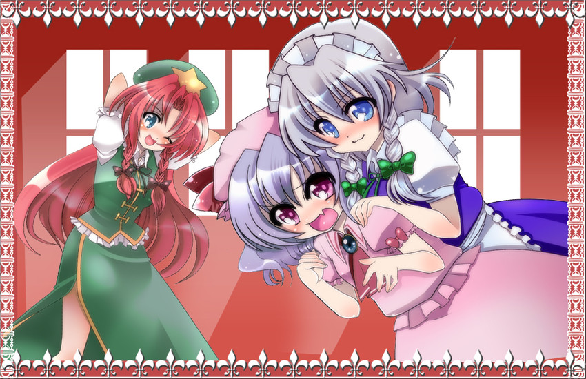 remilia scarlet, izayoi sakuya, and hong meiling (touhou) drawn by ayuhara