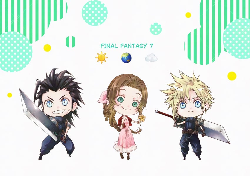 cloud strife, aerith gainsborough, and zack fair (final fantasy and 3 more) drawn by mkonoshiro1