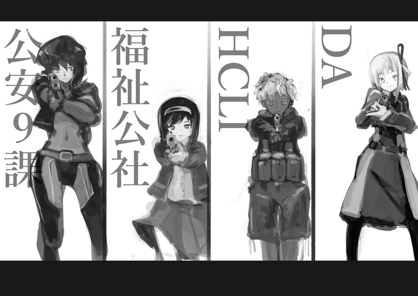 nishikigi chisato, kusanagi motoko, henrietta, and johnathan mar (lycoris recoil and 3 more) drawn by yosumi_(4cornermmd)