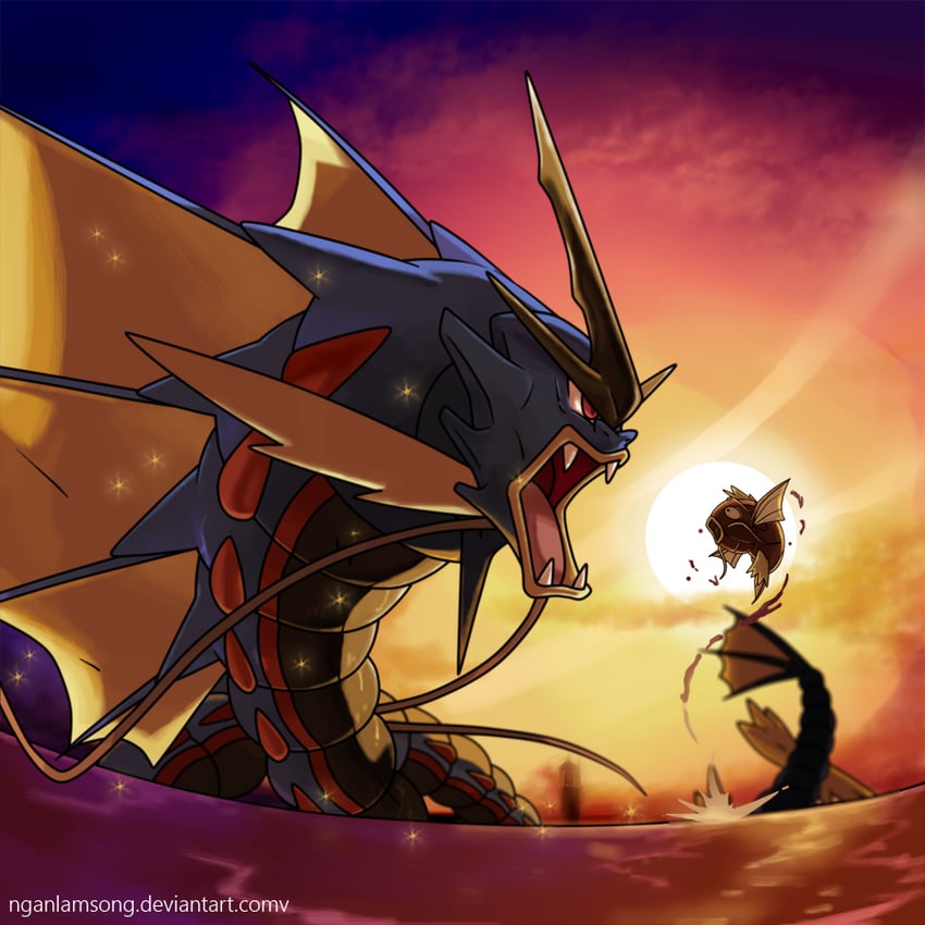magikarp, gyarados, and mega gyarados (pokemon) drawn by nganlamsong
