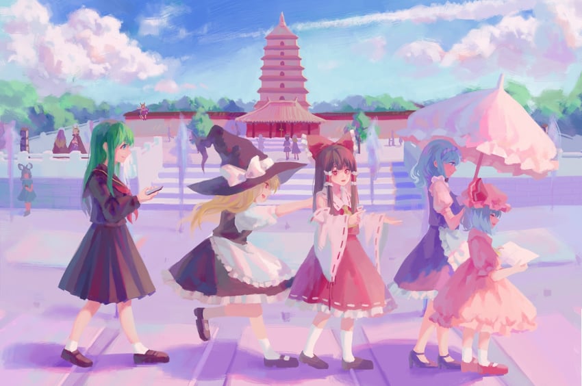 hakurei reimu, kirisame marisa, remilia scarlet, izayoi sakuya, kochiya sanae, and 6 more (touhou) drawn by miko_(15476997)