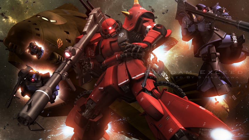 rick dom, black tri-stars, zaku ii hmt, zanzibar, and zaku ii hmt johnny ridden custom (gundam and 2 more) drawn by s.hasegawa