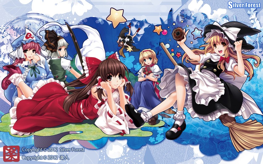 hakurei reimu, kirisame marisa, konpaku youmu, alice margatroid, shameimaru aya, and 1 more (touhou and 1 more) drawn by rakujin