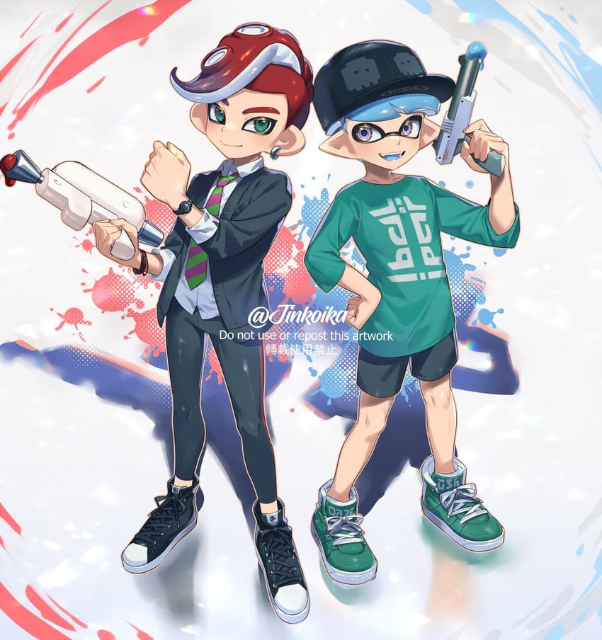 inkling player character, octoling player character, inkling boy, and octoling boy (splatoon and 1 more) drawn by jinkoika